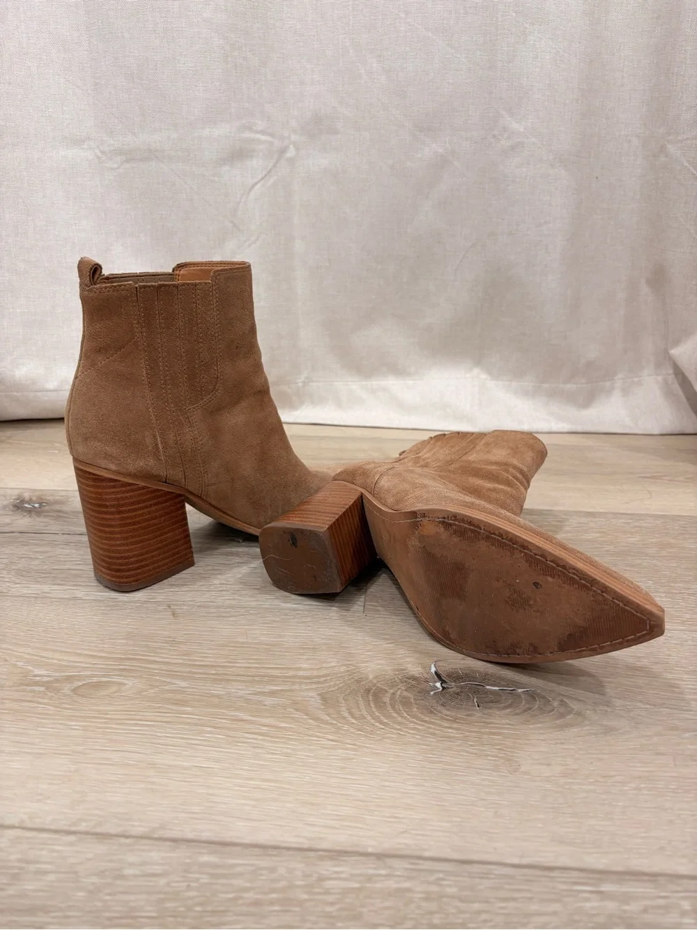 Marc Fisher Tan Suede Stacked Block Heel Ankle Booties